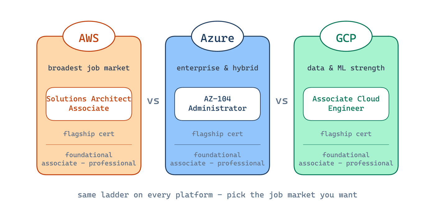 Diagram of three clouds labelled AWS, Azure, and GCP side by side