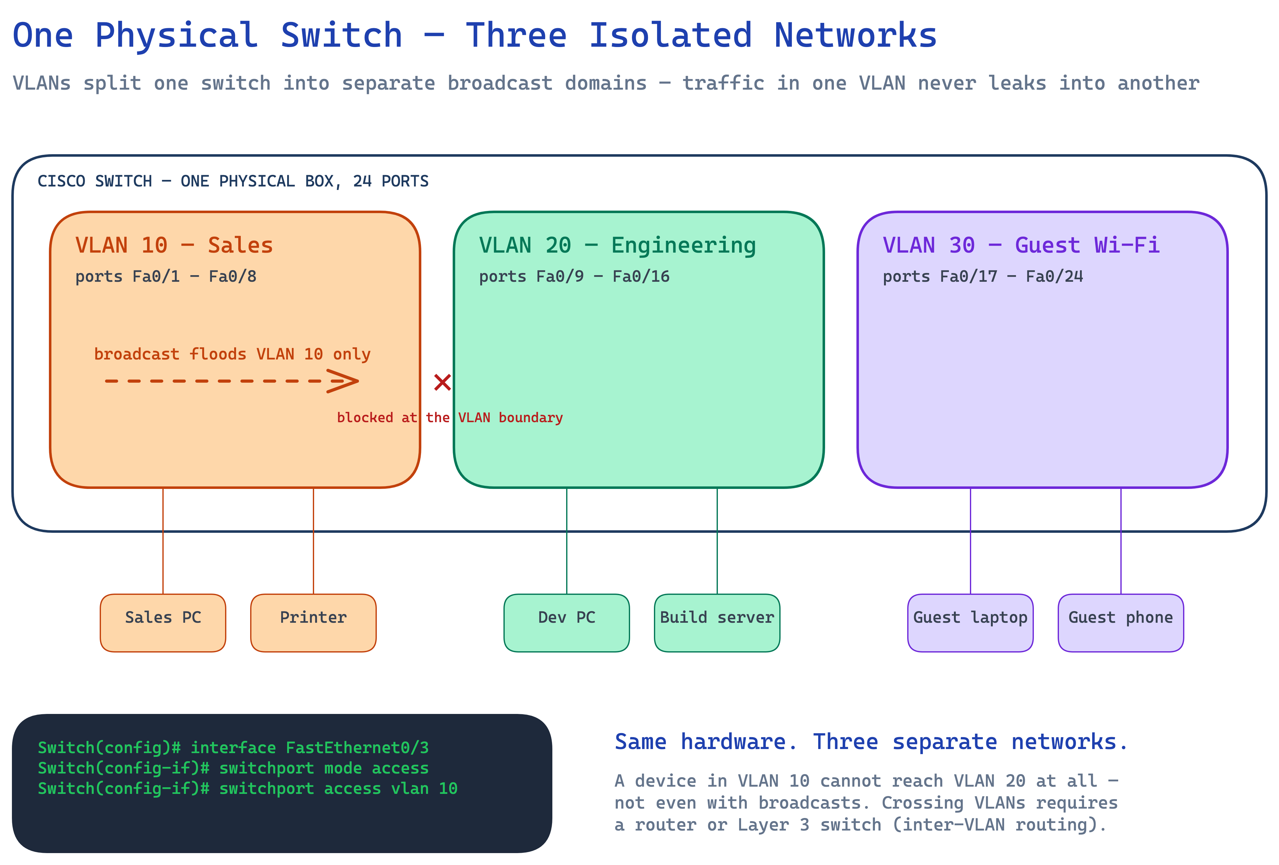 One physical switch segmented into three VLANs, Sales, Engineering, and Guest, with broadcasts blocked at each VLAN boundary